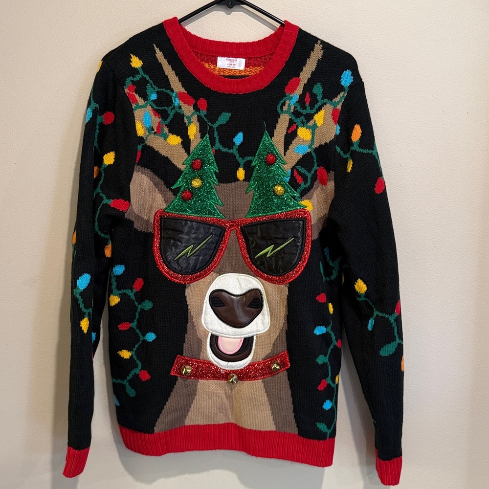 Holiday Time Christmas sweater Black and Red Reindeer with shades and bells